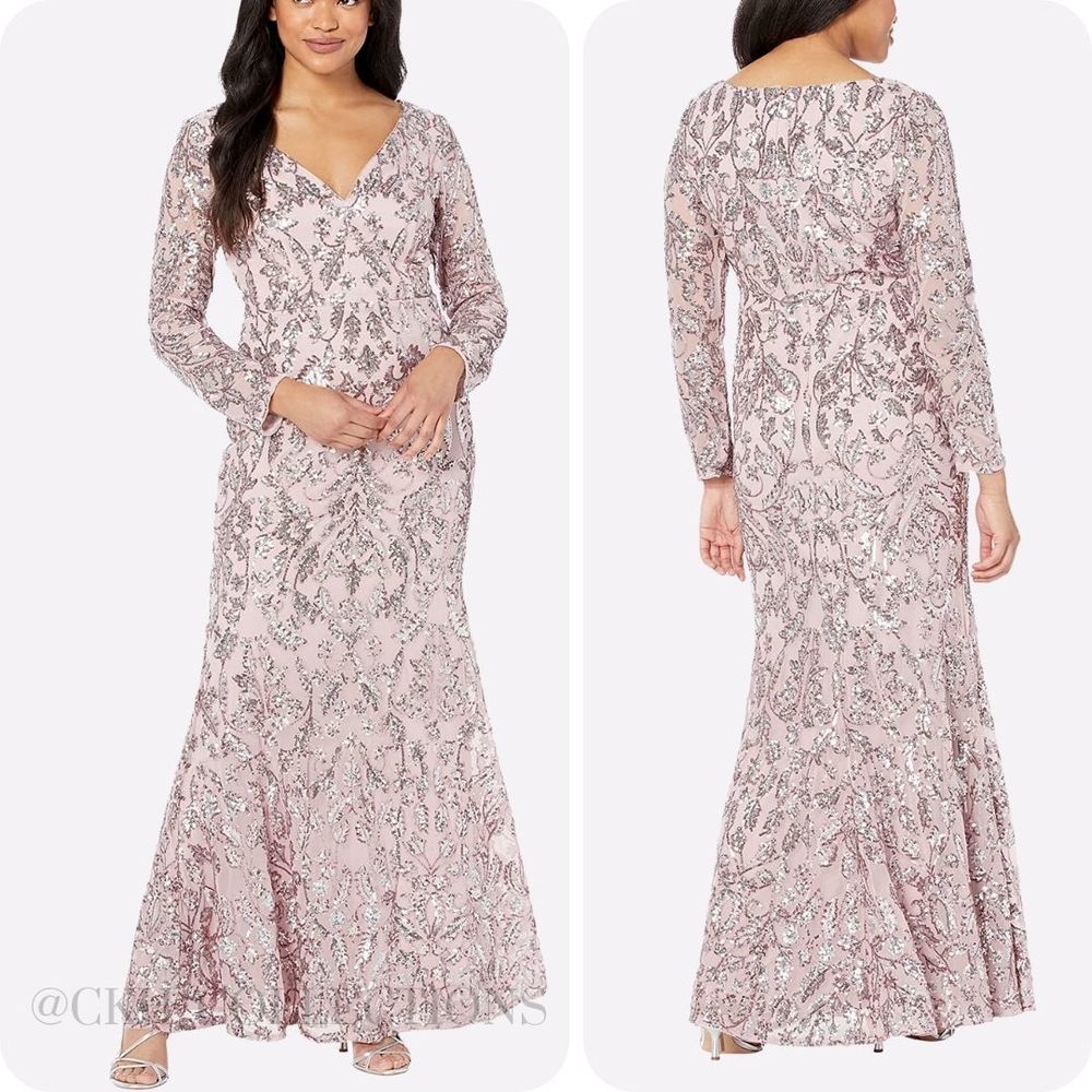 𝅺Adrianna Papell Embellished Long-Sleeve Gown Smoky Rose 4